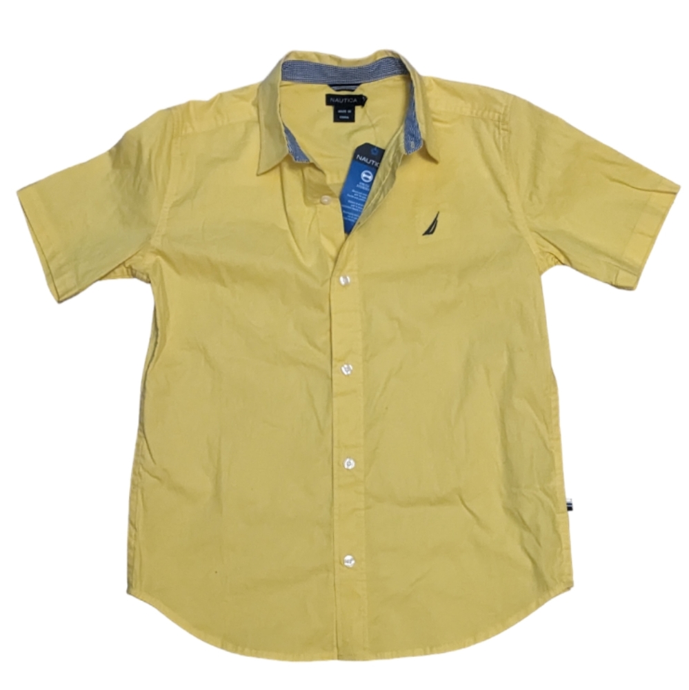 🆕 Nautica Yellow Short Sleeve Button Down Boy's M 10/12